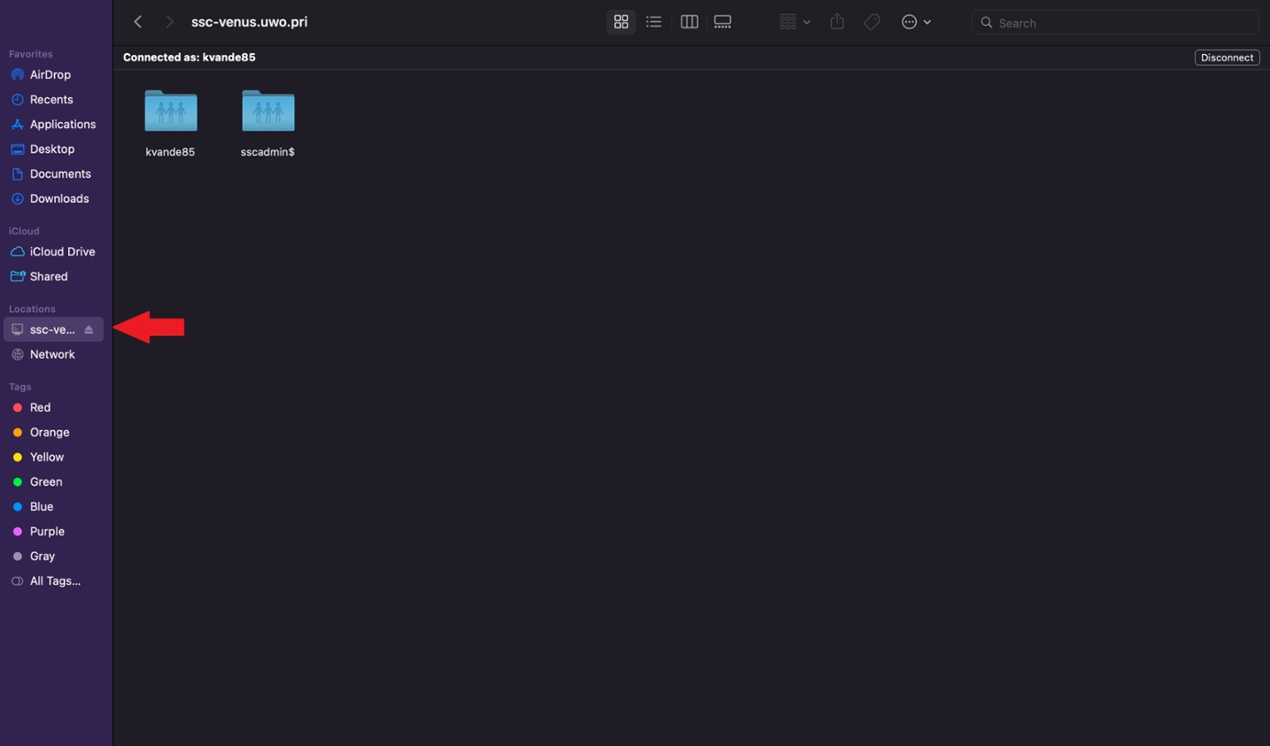Finder display after connecting shared folder